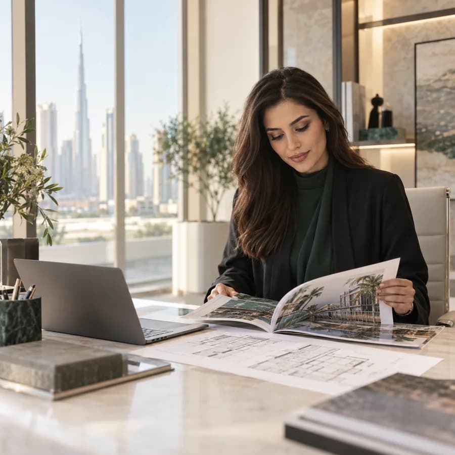 Property consultant reviewing plans in a modern office