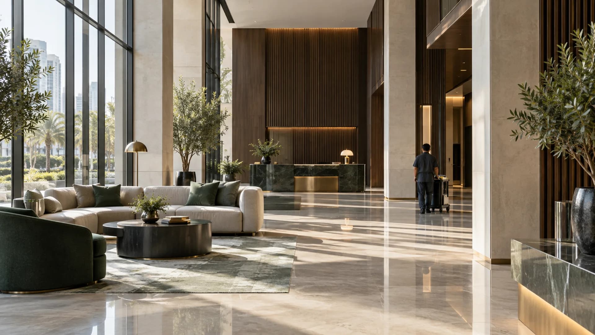 Representative view of a facilities professional in a maintained property lobby